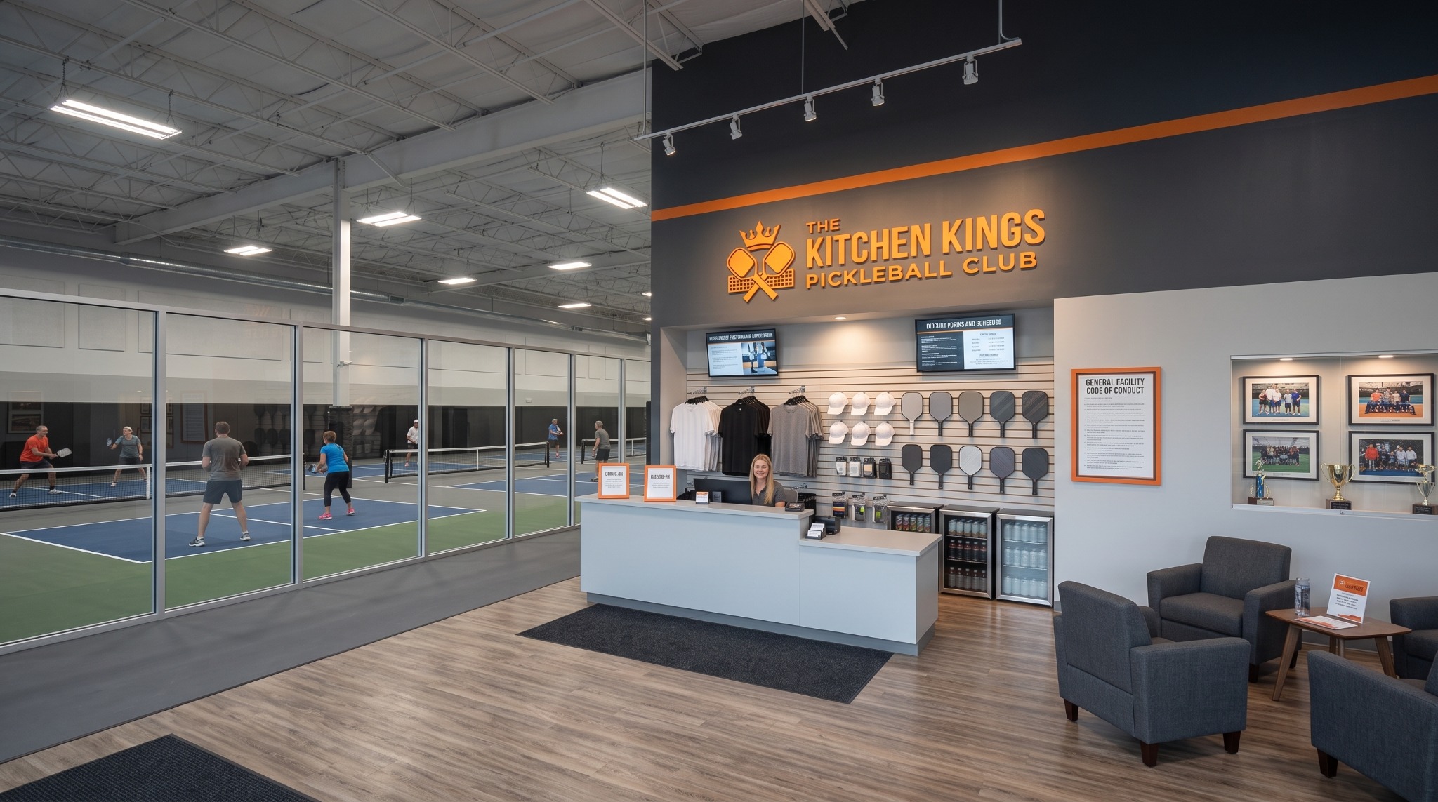 Pickleball club front desk and indoor courts